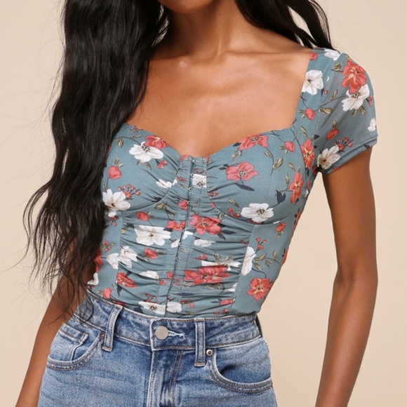 Lulus Sweeter Vibes Teal Floral Mesh Short Sleeve Bustier Crop Top Green - Picture 1 of 1